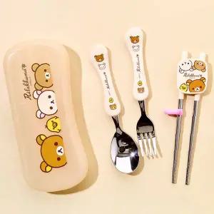 곰 캐릭터 휴대용 수저 세트 아이보리 케이스 포함 학생 어린이 야외 도시락