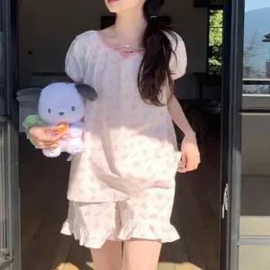 (색상 색상/핑크 FREE(XL))핑크 리본 매듭 포인트 여성 여름 홈웨어 상하의 세트