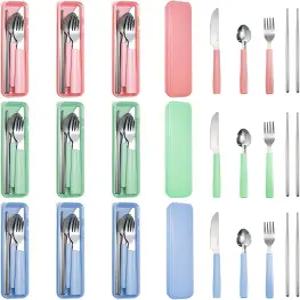 캠핑 도시락 피크닉을 위한 케이스 휴대용 스테인리스 스틸 식기 세트 나이프 포크 숟가락 젓가락이 포함된