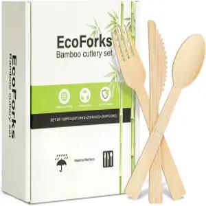 에코포크스 대나무 식기 세트 생분해성 퇴비화 100개 포크 50개 포함 스푼 25개 나이프 플랫웨어 일회용