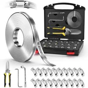 호스 클램프 스테인리스 스틸 컷-투-핏 32.81FT 금속 스트랩 및 20개의 패스너 웜 기어 구동 배관 자동차