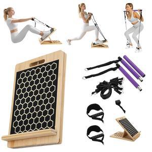 3-in-1 필라테스 트레이닝 세트, 원목 보드, 저항 밴드가 있는 인클라인 보드 홈 휴대용 에디션, 종아리 스트레칭 운동 분해 포스터 포함, 다양한 레벨의 4가지 밴드 특징