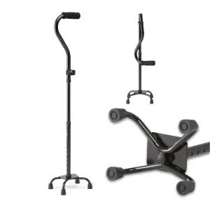 메드라인 접이식 쿼드 지팡이 소형 베이스 안정성 향상을 위한 미끄럼 방지 고무 팁 경량 알루미늄 블랙