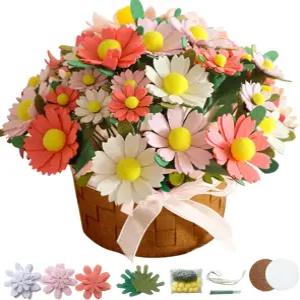 DIY 펠트 플라워 아트 공예 키트 데이지 꽃다발 꽃 선물 초보자 미리 자른 및 잎사귀 배열