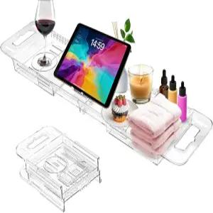 확장 가능한 욕조 트레이 캐디 욕조용 투명 접이식 테이블 여성용 및 욕실 액세서리 기념일 또는 결혼 선물