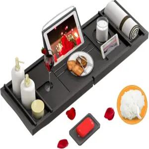 도맥스 욕조 캐디 트레이 확장형 대나무 책꽂이와 무료 비누 접시 블랙 포함 고급 목욕용