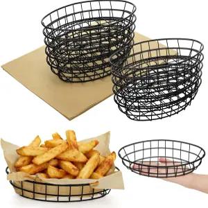 YIMITEE 10팩 9.5 x 6.5 2 인치 와이어 빵 바구니 50 장 포장지가 있는 타원형 금속 서빙 녹슬지 않는
