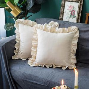 글로리 시즌 던지기 베개 커버 장식 케이스 2팩 플런싱 18x18인치 견고한 트림 가정용 베이지 소파 스퀘어 러플 100% 면 레트로