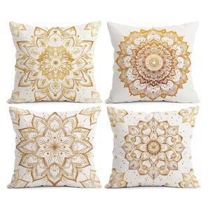 BEWQ 보헤미안 골드 만다라 던지기 세트 야외 케이스 베개 스퀘어 데코용 장식 18X18인치 쿠션 카 모던 4개 가정용 소파 커버
