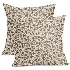 카와니 플로럴 블록 프린트 베개 던지기 세트 귀여운 소박한 농가 빈티지 야외용 케이스 커버 장식 홈 사각형 18X18인치 베이지 소파 2개 데코