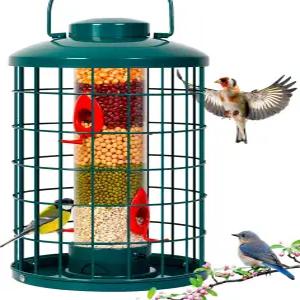 야외 야생 조류를 위한 모슬리 케이지 새 모이통 대형 다람쥐 방지 튼튼한 금속 걸이 튜브 4개의 먹이 포트