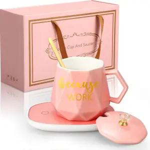 후시 크리스마스 레이디 선물 커피 머그 워머 여성용 13.5온스 컵 세트 전기차 워터 감사 히터 뚜껑 숟가락