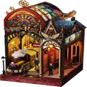 3D 나무 퍼즐 매직 스테이션 북 누크 키트 - LED 조명과 사운드가 포함된 미니어처 무한 확장 공간 책장