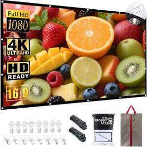 BooLooT 프로젝터 스크린 휴대용 영화 16 9 안정적인 벽걸이를 위한 듀얼 /못 후크가 있는 접이식 주름