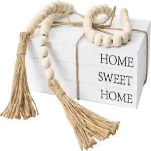 가정 장식용 장식 책 흰색 인조 커피 테이블 거실용 52인치 우드 비드 화환이 있는 소박한 농가 스택