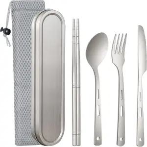 티타늄 여행용 식기 세트 나이프 포크 숟가락 젓가락 케이스와 가방이 포함된 재사용 및 휴대용 여행 도구