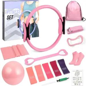 PTYTIFI 앳 홈 필라테스 키트 여성용 14PCS 운동 장비 링 및 볼 세트가 포함된 세트 저항 밴드 필수 헬스장