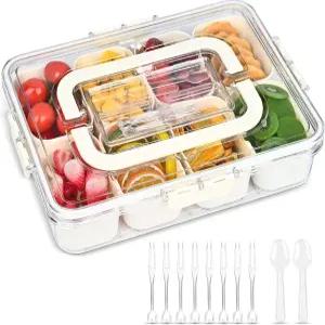 뚜껑이 있는 분할 서빙 트레이 스낵 상자 용기 식기 보관함이 과일 포크 8개 숟가락 2개 휴대용 정리함 8칸