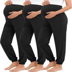 니어 3팩 여성 임산부 바지 배 위에 신축성 있는 조거 팬츠 임부 캐주얼 라운지 포켓 포함