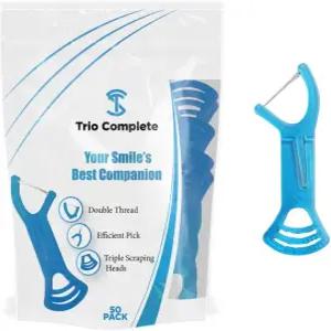 혀 스크레이퍼가 있는 치실 픽 - 3-in-1 더블 스레드 치과 여행 및 이동 중 일회용 이쑤시개(50개)