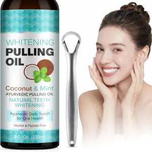 상쾌한 입냄새와 구강 관리를 위한 코코넛 오일 풀링 - 100 혀 스크레이퍼 및 계량컵이 포함된 아유르베딕