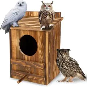 야외용 올빼미 하우스 16.1x11.8x9.5인치 대형 탄화 막대 둥지 상자 방수 및 환기 설계 야생동물 정원