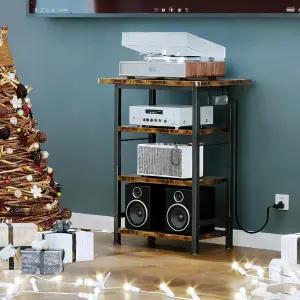 전원 콘센트가 있는 호메이주 4단 AV 미디어 스탠드 나무 레코드 플레이어 수납 선반이 엔터테인먼트 센터