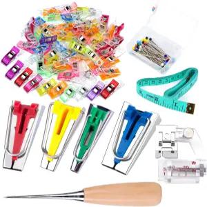 LUNARM 바이어스 테이프 메이커 키트 지침이 포함된 도구 60개의 재봉 클립이 있는 4가지 크기의 50개의 볼