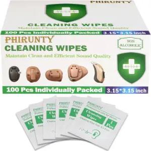Phirunty 100 카운트 보청기 청소 물티슈 개별 포장 오디오 도구 키트 모든 브랜드 및 유형에 적합한