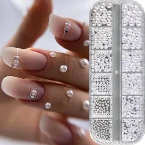 12 그리드 화이트 펄 네일 아트 매력 - 다양한 크기의 원형 및 반 3D DIY 매니큐어 주얼리 공예 여성