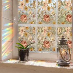런투 윈도우 프라이버시 필름 레인보우 보호 플라워 클링 3D 장식용 비닐 스테인드글라스 빈티지 플로럴