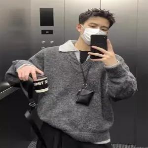 남자 니트 겨울 빈티지 이너 가을 투피스 페이크 솔리드 아이템 카디건 트렌디 칼라 셔츠 상의 HT4