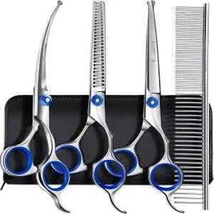 안전 라운드 팁 헤비 듀티 티타늄 코팅 스트레이트 얇아짐 및 곡선 가위가 포함된 반려견용 Gimars