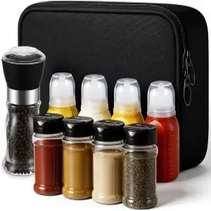 야외 여행 캠핑 바비큐 피크닉을 위한 스파이스 용기 4개 소스 병 후추 그라인더 1개 보관 가방 1개가