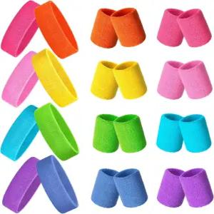 남성용 80년대 네온 스웨트밴드 24종 세트 스포츠 헤드밴드 8종과 스웨트 손목밴드 16종 포함 엘라스틱