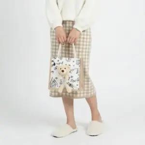 하찬 에코백 토트백 캔버스 여성가방 데일리백 베어참 테디베어 키링 프린트 간편 가벼운 미니 참장식 코디