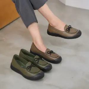 여자 데일리 리본 가죽 플랫 로퍼 슈즈