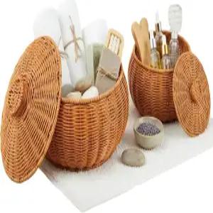 뚜껑이 있는 2팩 모조 라탄 바구니 욕실용 원형 위커 세면도구용 정리함 수건 목욕 폭탄 비누 배니티