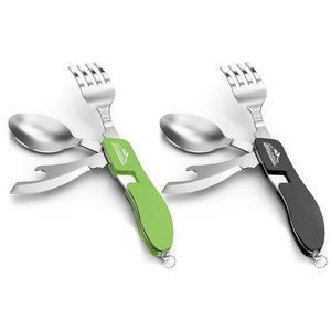 2Pc 캠핑 플랫웨어 접이식 식기 분리 가능하고 다용도로 사용할 수 있는 스테인리스 스틸 나이프 포크 스푼 및 병따개 컴팩트 야외 포켓 스타일 - 2 /pk(블랙 & 그린)