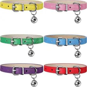 위우데이 6피스 가죽 고양이 목걸이와 벨 귀여운 애완동물 목걸이 작은 강아지를 위한 안전 탄력