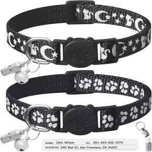 LLHK 2팩 분리형 고양이 목걸이 및 2개의 이름표 벨이 있는 반사형 안전 여아 수컷 고양이용 7인치-12인치