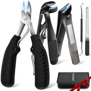 시니어용 트윈울프 발톱깎이, 두꺼운 인그로우 발톱, 손톱용 헤비 듀티 경사 곡선 칼날 커터, 남성용 넓은 턱이 있는 대형 울트라 샤프 손톱깎이 세트, 5개, 블랙