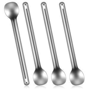 Hoolerry 4피스 캠핑 스푼 롱핸들 티타늄 경량 휴대용 초경량 식기 야외 배낭 여행 피크닉용 식기류(실버)