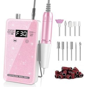 전문가용 전기 네일 드릴 파일: COSYGLOW 글리터 휴대용 무선 키트, 11개의 비트, 아크릴 젤 연마용 30000RPM 충전식 머신 (핑크)