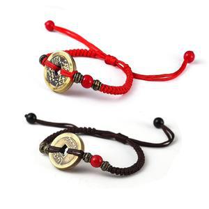 2Pc 행운의 땋은 빨간 끈 풍수 구리 동전 팔찌 뱅글 핸드메이드 조절 가능한 여성용 어트랙트 머니 부유 남성 친구 행운 보호 부적 주얼리
