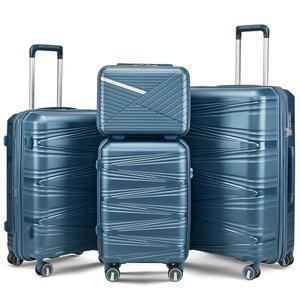 트래블레오 4피스 러기지 세트 PP 하드쉘, 14인치 화장품 케이스 포함 확장 가능한 여행 가방 세트(20/24/28), TSA 잠금 기능이 있는 경량 스피너 휠, 둥지를 틀 수 탈착식 휠(피콕 블루)