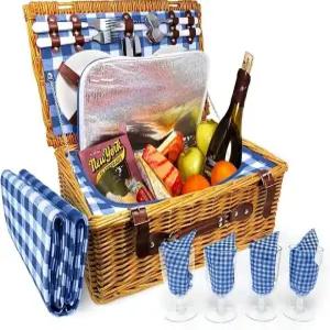 네이처 기어 피크닉 바구니 야외용 손잡이가 달린 위커 단열 직조 식기 및 와인 잔 서비스 키트 4인용 세트