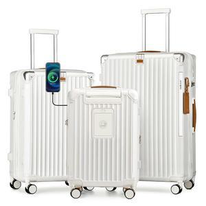 조이웨이 3피스 세트 USB 충전 포트와 컵 홀더가 있는 확장 가능한 수하물, 해외 여행용 TSA 잠금 스피너 휠 캐리어, 위탁 수하물에 가벼운 휴대용, 흰색