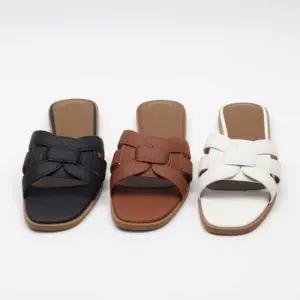 [신상오픈런]여성 클래식 가죽 크로스 스트랩 저굽 슬리퍼 샌들 (39183289)