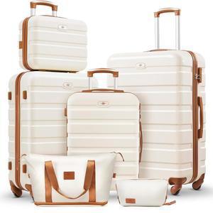 수투어 러기지 세트 6피스, 20인치 휴대용 및 24인치 28인치 위탁 여행 가방 세트, 화장품 케이스 확장 가능한 여행용 더플백 세트(베이지 탄)